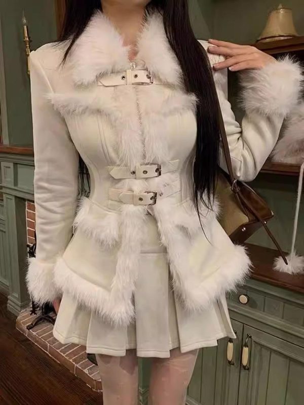 Korean Fashion 2 Piece Skirt Set Woman Warm Fur Casual Coat - Image 7