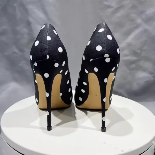 Black Polka Dot Women Satin Pointy Toe High Heel Shoes - Image 6