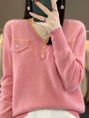 Cashmere sweater solid color button V-neck knitted pullover casual fashion