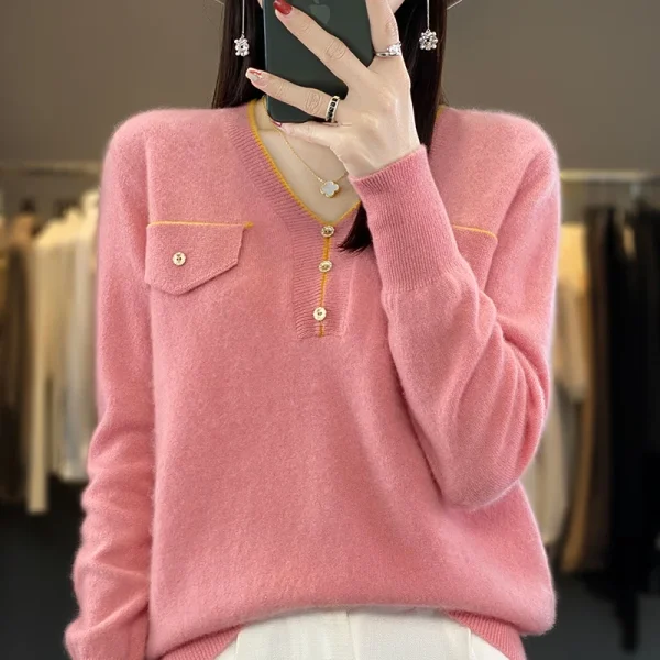 Cashmere sweater solid color button V-neck knitted pullover casual fashion