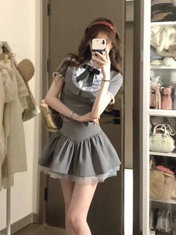 Preppy Style Grey 2 Piece Set Summer Women Korean Fashion  Crop Tops - Image 4