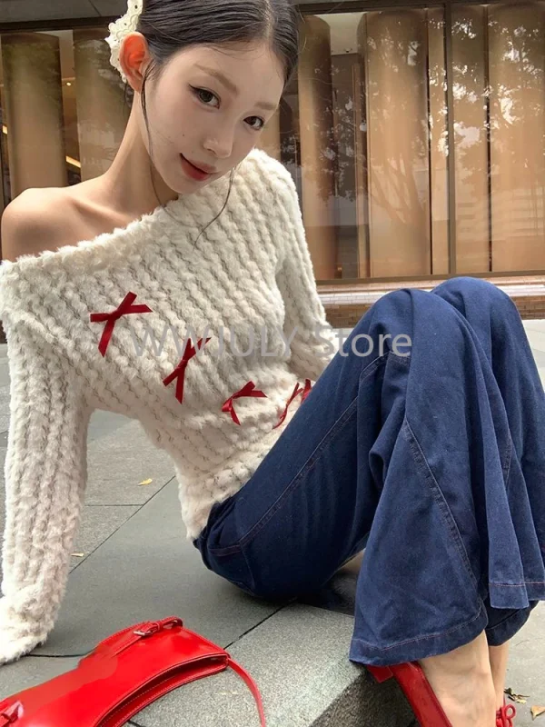 Woman Korean Fashion Bow Pullovers Sweater Long Sleeve Knitwears - Image 4