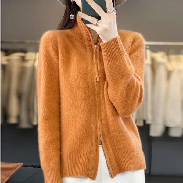 wool cashmere sweater women's semi-turtleneck cardigan - Image 2