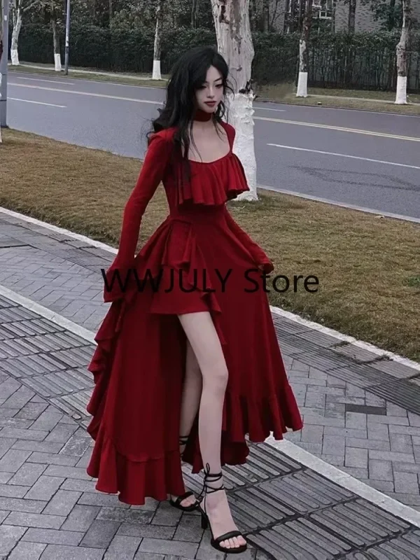 Red Square Collar Ruffle Party Dress Christmas Irregular Prom Dress - Image 2