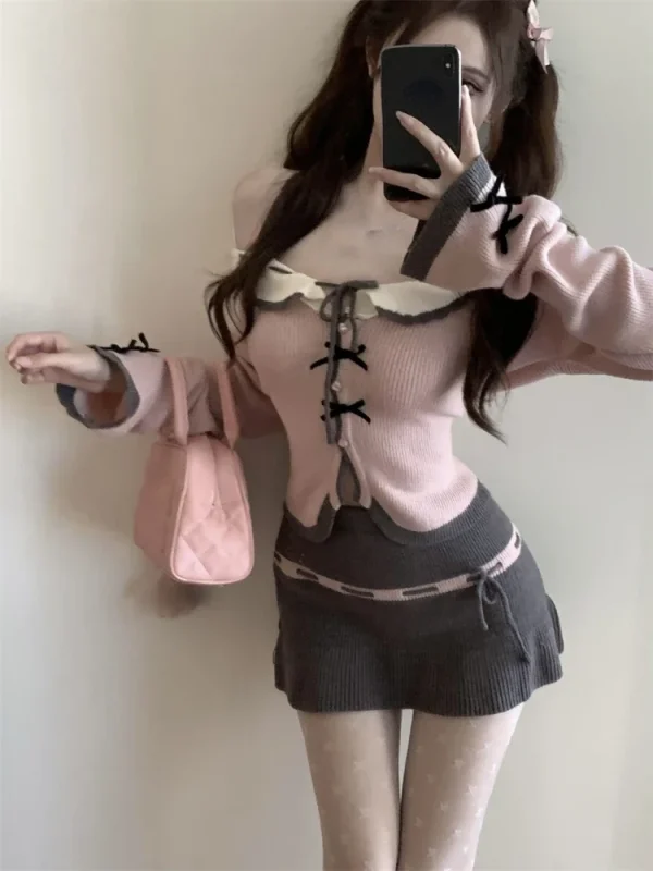 Winter Preppy Style Kawaii Knitted Suit Woman Pink Casual Sweater - Image 3