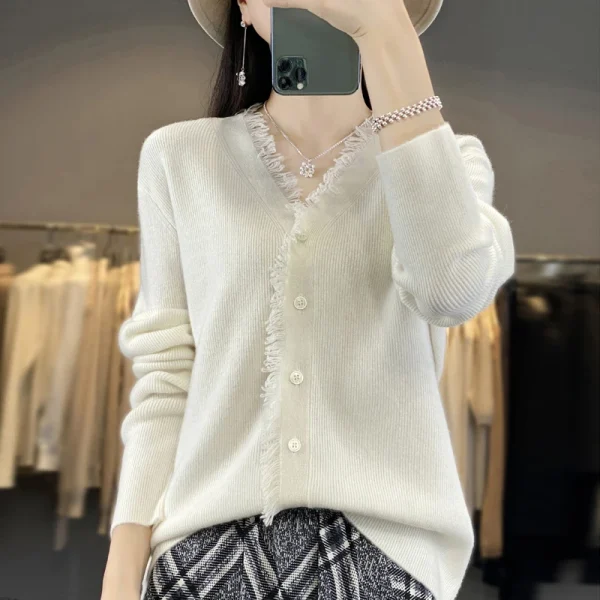 Cashmere sweater women's V-neck cardigan warm bottom knit shirt - Image 2