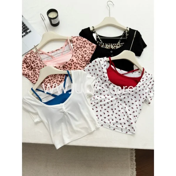 Women Vintage Mori Girl Two Pieces Set Slim Short Sleeeve Tops - Image 6