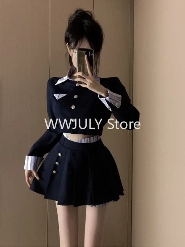 Uniform College Style Fashion Blazer Set Patchwork Elegant Crop Tops - Image 4