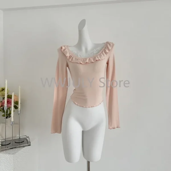 Aesthetics Slim Lace Fake Two Tops Casual Basic Sweet Long Sleeve Blosue - Image 7