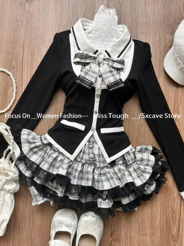 Cardigan Coat Ruffles Plaid Mini Skirt Female Korean Fashion Lolita Outfits - Image 6