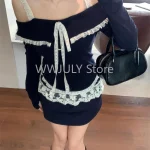 Women Fashion Lace Patchwork Off Shoulder Ruffles Lace-up Tops - Image 5