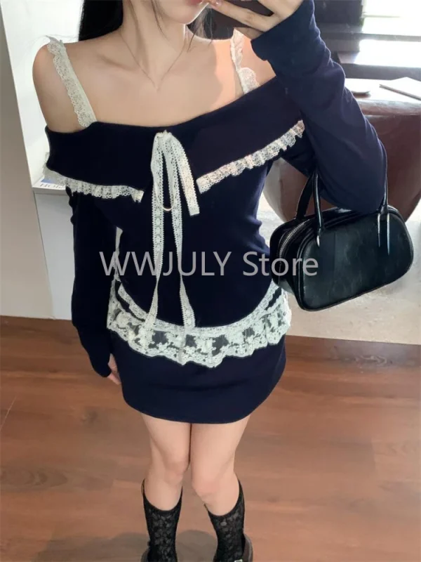 Women Fashion Lace Patchwork Off Shoulder Ruffles Lace-up Tops - Image 5