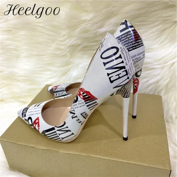 Sexy Letters Print Women White Pointy Toe High Heel Party Shoes - Image 2