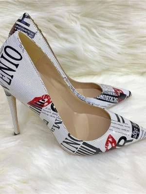 Sexy Letters Print Women White Pointy Toe High Heel Party Shoes