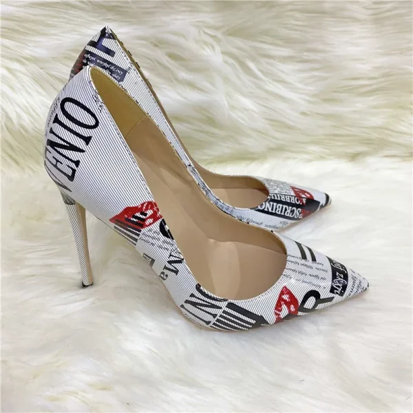 Sexy Letters Print Women White Pointy Toe High Heel Party Shoes