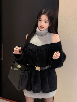 Elegant Knitted Suit Woman Black Sweater Tops Slim