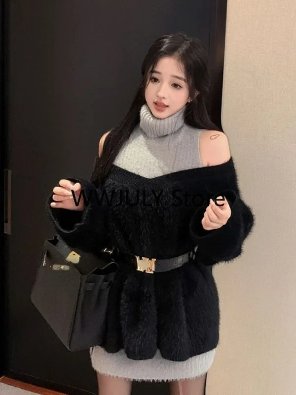 Elegant Knitted Suit Woman Black Sweater Tops Slim - Image 6