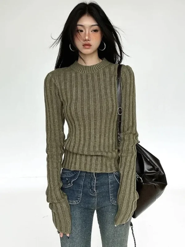 Vintage Green Crop Sweater Women Fairy Grunge Striped Pullover - Image 2