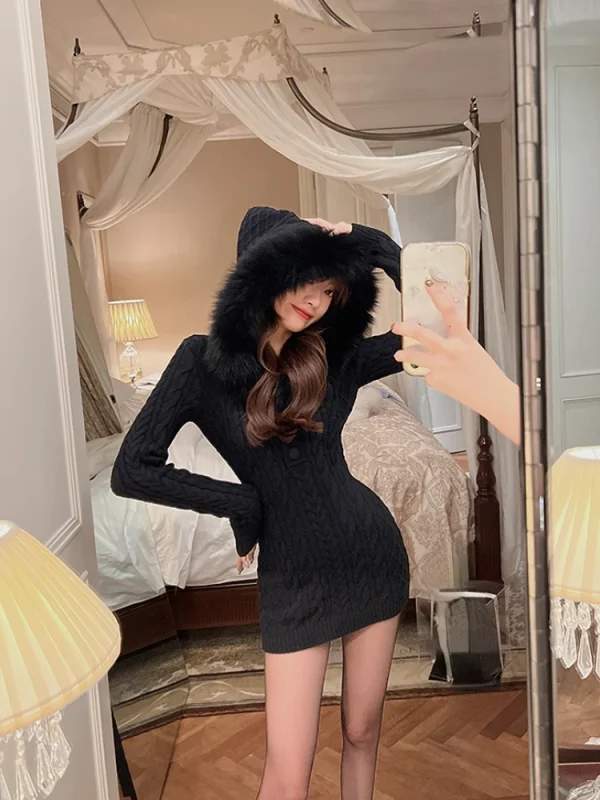 Mini Dress Woman Hooded Pure Color Short Party Dress - Image 6