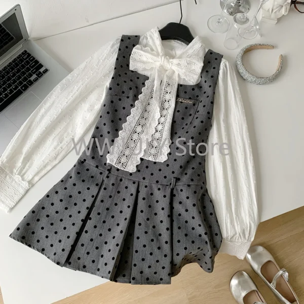 Aesthetic Outfits 2 Piece Dress Set Long Sleeve French Blouse - Image 2