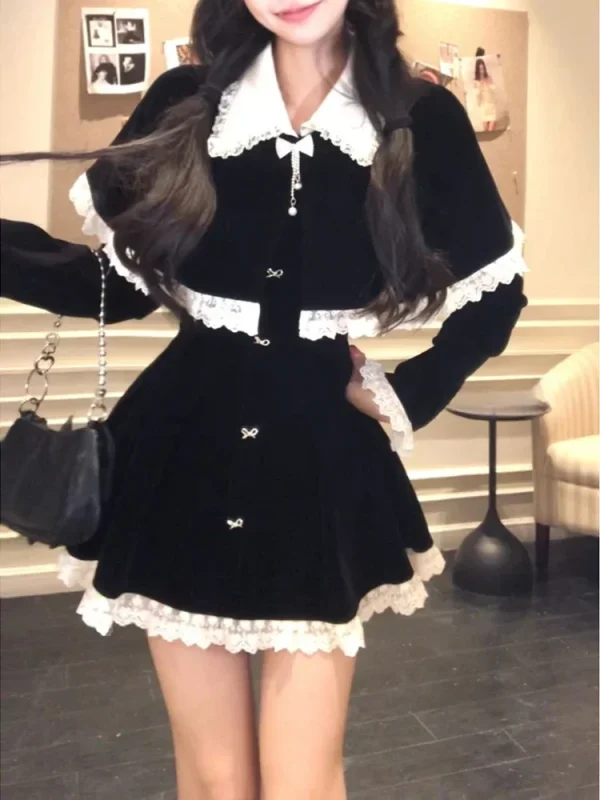 Long Sleeve Mini Dress Party Lolita Lace Dress Fashion Set Woman