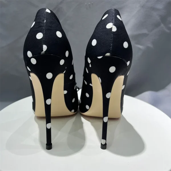 Polka Dot Bow Women Black Satin Sexy Pointy Toe High Heel Shoes - Image 6