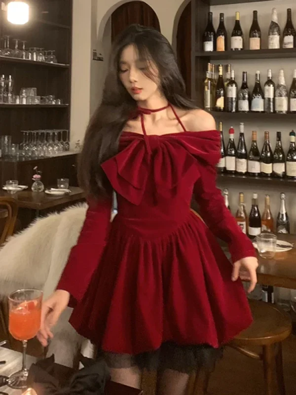 Red Velvet Short Party Dress Woman Bow Elegant  Mini Dress - Image 3