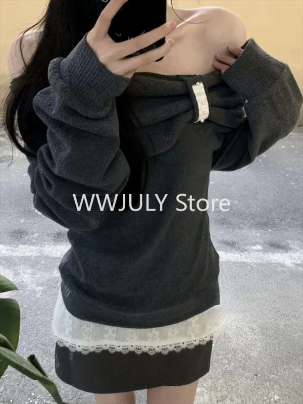 Harajuku Woman Korean Fashion Suit Off Shoulder Casual Tops - Image 4