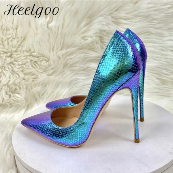 Blue Embossed Snakeskin Women Sexy Pointy Toe High Heel Shoes - Image 2