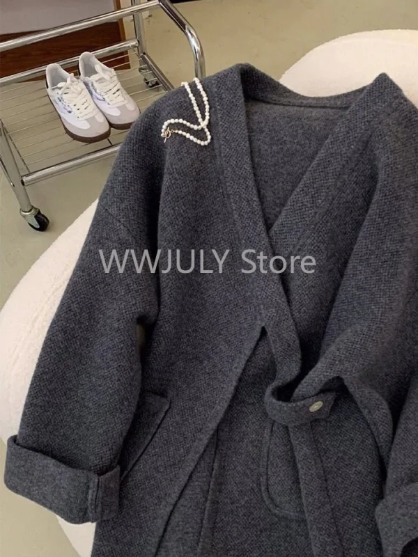 Autumn Winter Grey V-neck Knitted Sweater Women Elegant Fashion - Image 2