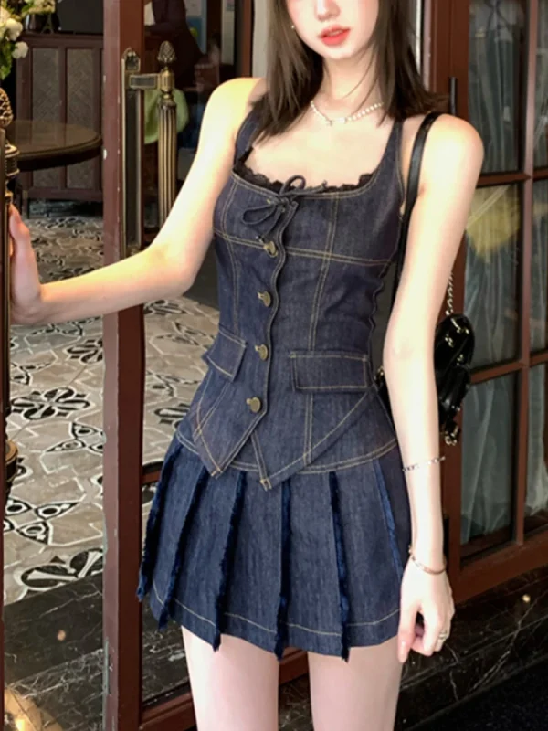 Skirt Set Korean Single Breasted Denim Halter Tops - Image 2