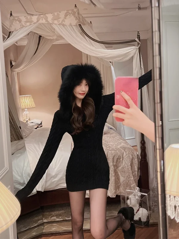 Mini Dress Woman Hooded Pure Color Short Party Dress - Image 5