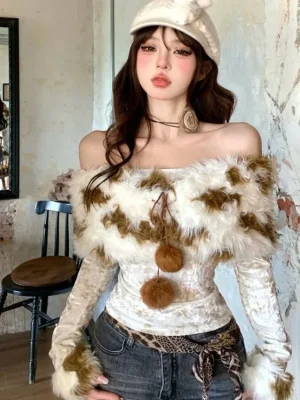 Vintage Fur Patchwork Off Shoulder T-shirt for Women