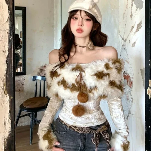 Vintage Fur Patchwork Off Shoulder T-shirt for Women