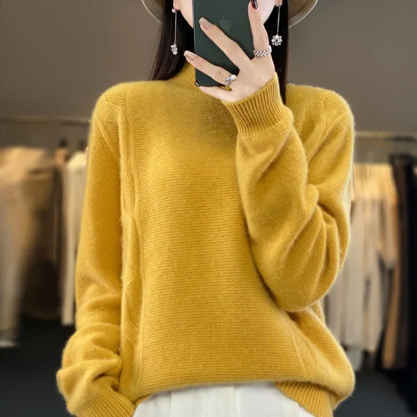 Wool women's sweater pullover semi-high neck thick long sleeve - Image 2