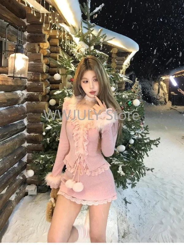 Winter Lace-up Knitted Skirt Suits Long Sleeve Fur Collar Slim - Image 2