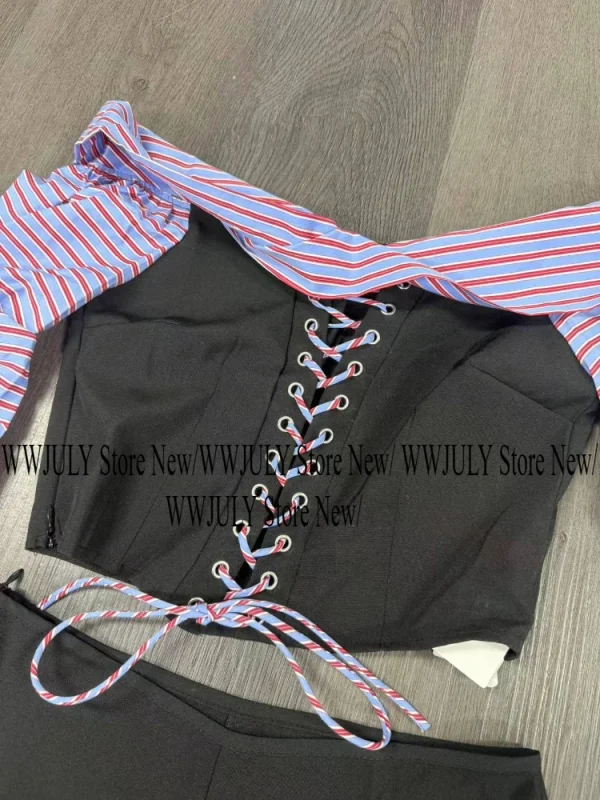 Kpop Outfits 2 Piece Set Long Sleeve Striped Patchwork Shirt - Image 3