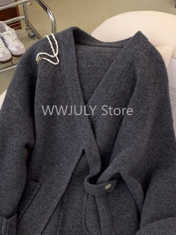 Autumn Winter Grey V-neck Knitted Sweater Women Elegant Fashion - Image 5