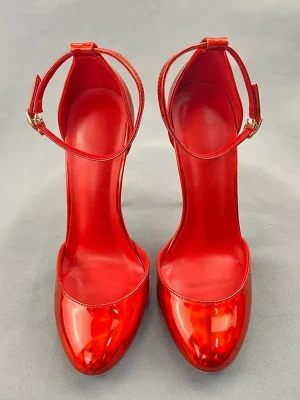 Shiny Red Patent Leather Women Ankle Strap Pumps