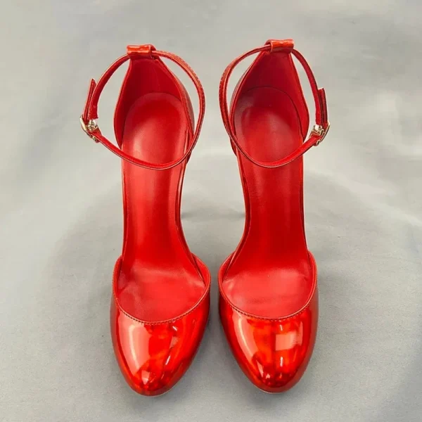 Shiny Red Patent Leather Women Ankle Strap Pumps