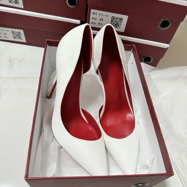 White Matte Sexy Red inside Side Cut Women's Pointy Toe High Heel - Image 4