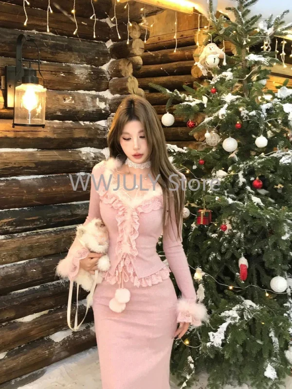 Winter Lace-up Knitted Skirt Suits Long Sleeve Fur Collar Slim - Image 4