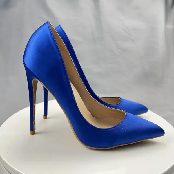 Women Blue Silk Satin Sexy Pointy Toe High Heels Pumps - Image 3