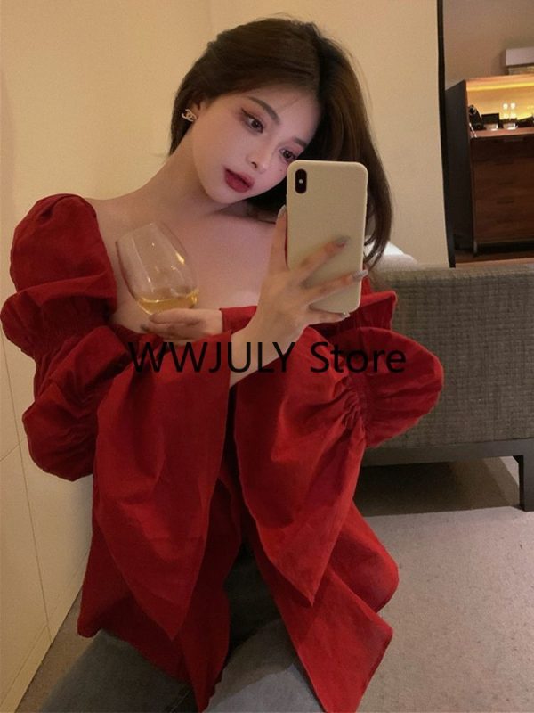 Red Korean Style Sexy Blouse Women Chic Design - Image 7