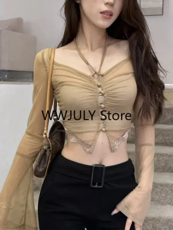 Woman Slim Casual Blouse Office Lady Outfit Sexy Crop - Image 3