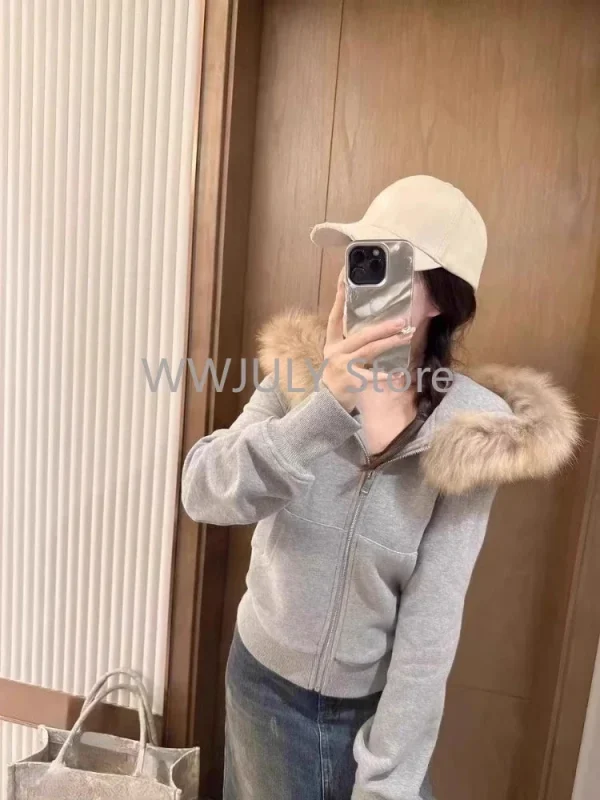 Long Sleeve Sweatshirts  Fur Collar Hooded Cardigan Coat Women - Image 4