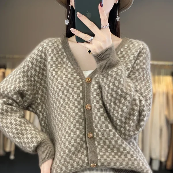 Wool Sweater Women's V-neck Knitted Cardigan Plaid Contrast Loose Fashion - Image 4