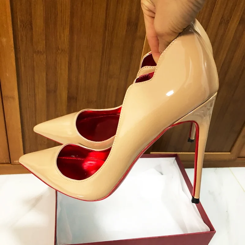 Design Glossy Nude Elegant Curl Cut Women Pointy Toe 12cm High Heel