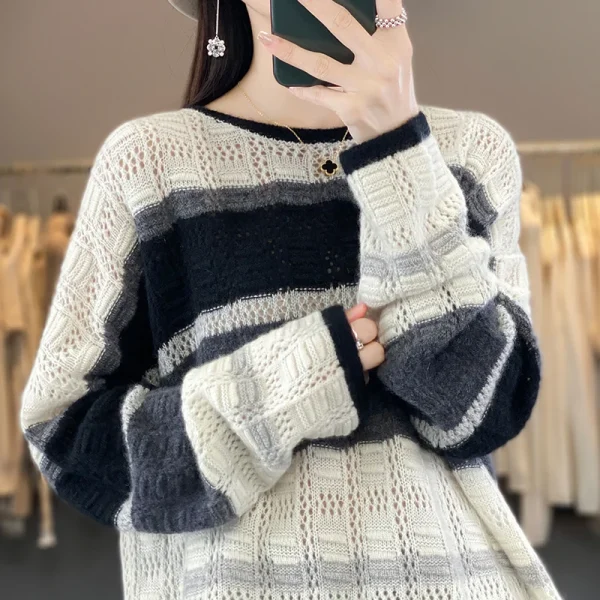 Wool striped contrast hollow O-neck loose pullover sweater fashion - Image 6