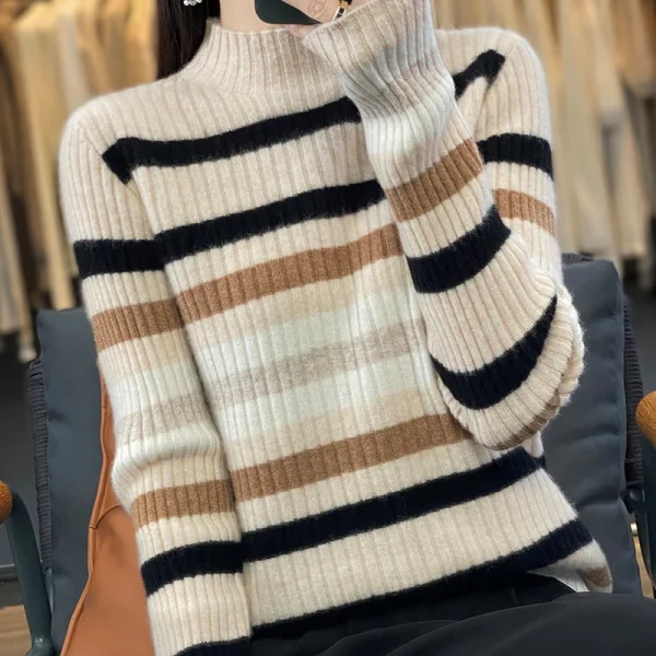 Women's semi-high neck contrast striped knit pullover fashion slim top - Image 5